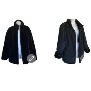 ANDREW MARC brown faux fur coat, reverses to black raincoat, pockets, zips. XL